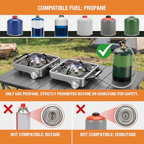2 Burner Camping Stove with Windshield, 24000 BTU Propane Gas Stove,Portable Folding Camp Stove with Carry Bag, Piezo Ignition Adjustable Burners, Camping Essentials for Outdoor Tailgating Grilling