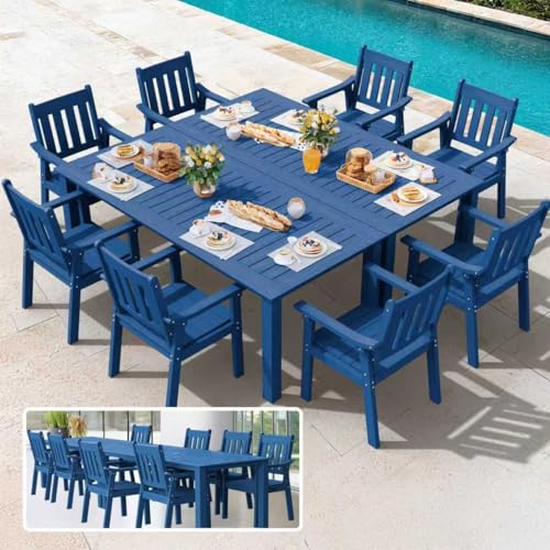 YEFU HIPS Patio Table Set: 10 Piece Outdoor Table and Chairs Dining Furniture Set with Umbrella Hole - Blue Modern Plastic Dining Sets 8 Person for Outside Deck with Metal Aluminum Frame - color: Blue, size: 10 Piece