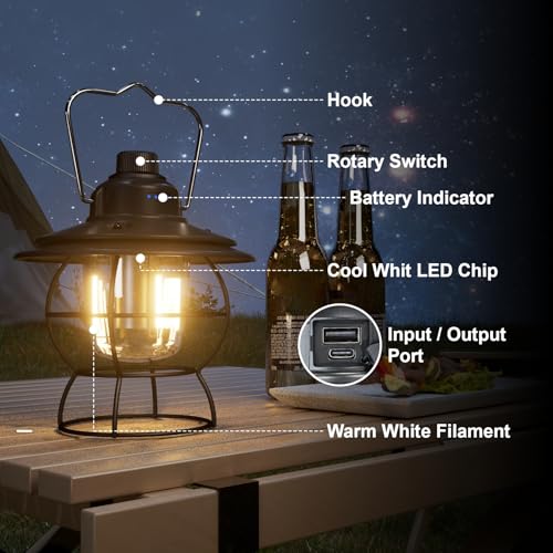 LED Camping Lantern Rechargeable Dimmable, Portable Vintage Outdoor Lantern 2700-6500K Waterproof, Hanging Retro Lamp Indoor Outdoor for Garden, Hiking, Emergency, Black - size: Black