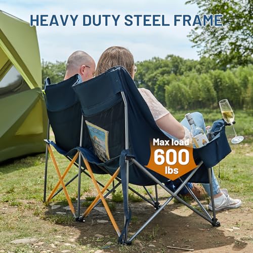 Timber Ridge Double Camping Chair, Heavy Duty Outdoor Folding Camp Couch, Loveseat Camping Chairs Perfect for Campsites, Patio/Lawn, Soccer Games or Other Youth Sports, Supports 600 lbs - color: Loveseat Blue