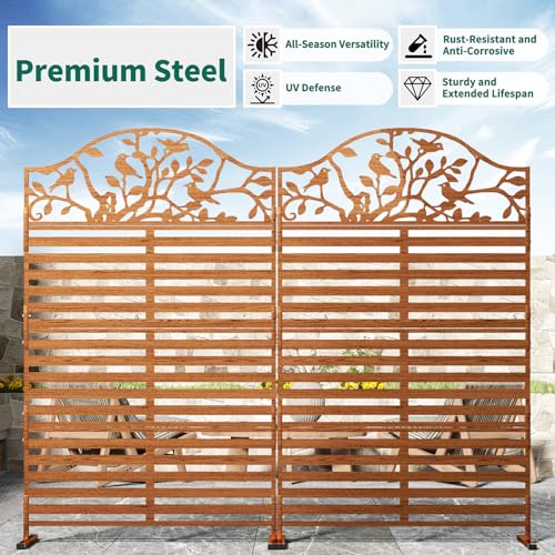 Metal Outdoor Privacy Screen, Decorative Privacy Panel with Tree Bird Design, Weatherproof Freestanding Modern Privacy Fence Divider for Patio, Deck, Backyard, Porch & Balcony (1, Walnut) - color: Walnut