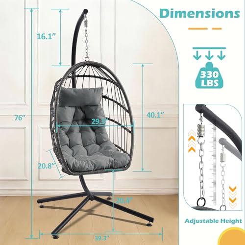 Outdoor Hanging Egg Chair with Stand & Oversized Cushion, 350LBS Capacity Heavy-Duty Patio Swing Hammock Chair, Thickened Metal Frame for Garden, Balcony, Bedroom (Gray, Solo) - color: Grey, size: Solo