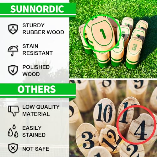 SunNordic Wooden Throwing Game Set, Numbered Block Toss Games with 1 x Scoreboard,12 x Premium Rubber Wood Pins & 1 x Dowel, Outdoor Backyard Lawn Bowling Yard Game for Kids, Adults & Family - color: Green
