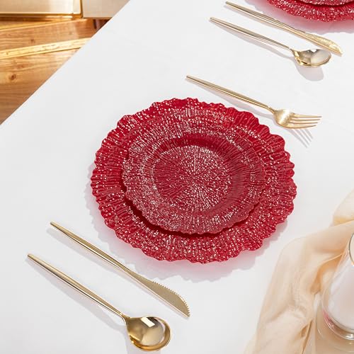 DaYammi 60Pcs Red Plastic Plates - Red Pates Disposable & Reusable - Heavy Duty Plastic Plates for Party Including 30 Dinner Plate,30 Dessert Plate,red disposable plates for Parties Wedding - color: Red