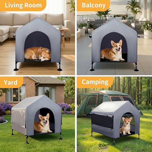 36" Dog House Outdoor Indoor with Breathable Mesh Windows, 2-in-1 Outside Dog House Elevated Dog Bed Cot Dog Tent Shade Shelter, Easy to Assemble & Clean (36 INCH) - size: 36 INCH
