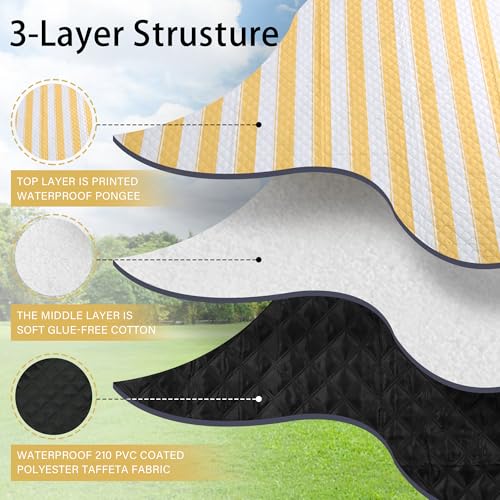 HX&OD Outdoor Picnic Blanket Extra Large, 80''*60'' Waterproof Picnic Mat with Stakes Foldable Camping Blanket Portable with Carry Strap for Beach Mat (Green& White, 80''*60'') - color: Yellow& White, size: 5' x 6'8" (Rectangular)