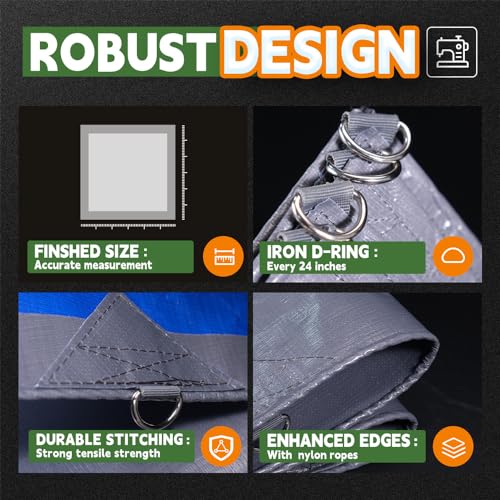 RAINDEWAY Tarps Heavy Duty Waterproof 12x14 Feet -14 Mils Super Heavy Duty Tarp with Metal Rings and Reinforced Corners and Edges, UV Resistant, Multipurpose Poly Tarp,Blue/Gray tarp - color: Gray/Blue, size: 12x14 Feet-Finished size