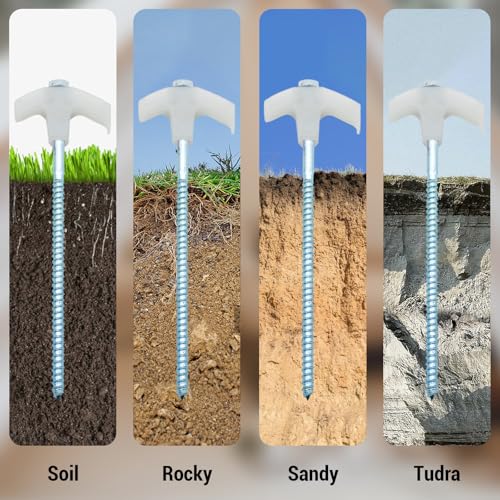 12 Pack Screw in Tent Stakes Heavy Duty-8” Metal Pegs for Ground, Drill in Camping Stake with Ratchet Tie Downs, Hex Head Driver, Spikes Puller, Protectors in a Carrying Bag, for Hiking - color: luminous with ratchets