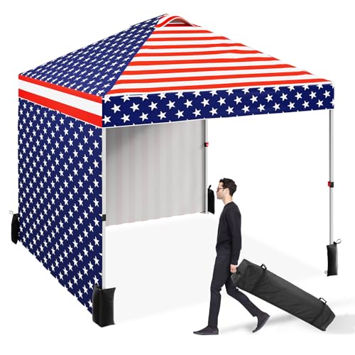 10 x 10 Pop Up Canopy, All Season Instant Canopy with 2 Sidewalls and Vented Roof, Portable Party Tent with Wheeled Carry Bag and Sandbag for Camping, Picnic, Party, Red, White and Blue - color: Flag, size: 2 Side Walls