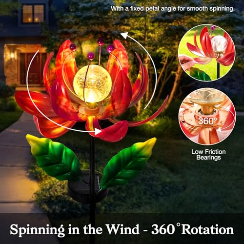 Solar Lights Outdoor Wind Spinners, Metal Lotus Flower Garden Decor with Waterproof LED Crackle Glass Globe for Patio Lawn Yard Outdoor Decor - color: Red