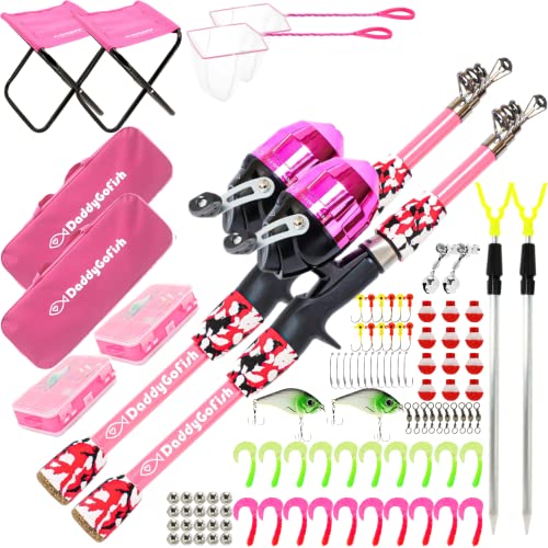 DaddyGoFish Kids Fishing Pole - Rod Reel Combo Tackle Box Starter Set - First Year Small Dock Gear Kit for Boys Girls Toddler Youth Age Beginner Little Children Junior Anglers - color: 2 Pack- Pink + Pink (Complete Set), size: 4ft