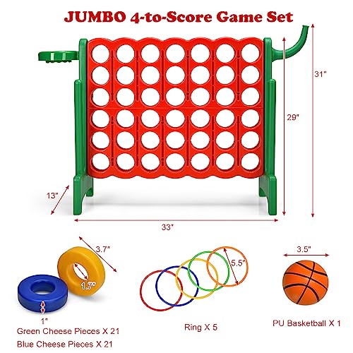 Costzon Giant 4-in-A-Row, Jumbo 4-to-Score Giant Game w/Basketball Hoop, Ring Toss, Quick-Release Slider, 42 Jumbo Rings, Indoor Outdoor Family Connect Game for Kids & Adults, Backyard Games, Green - color: Red/Green