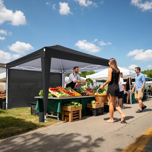 10x10 Pop Up Canopy with Sidewalls, Instant Portable Canopy Tent with Carry Bag for Commercial Events, Camping, Parties - Black - color: Black
