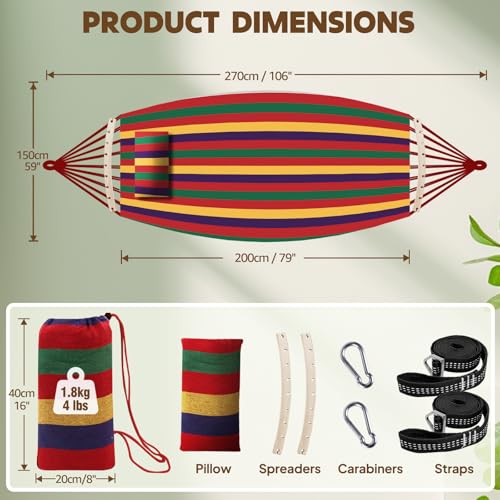 Chihee Cotton Hammock Holds Up to 660lbs Fabric Hammock 8.9x4.9ft Soft Portable Tree Hammocks Camping with Detachable Spreader Bar Pillow 2 Strong Webbings 2 Carabiners Indoor Outdoor Backyard Garden - color: Red Stripes, size: 270x150cm