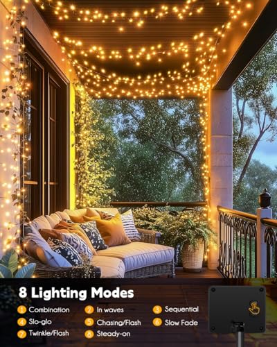120LED 10FT Solar Fairy Lights Outside Waterproof, 8 Lighting Modes IP65 Outdoor Solar String Lights Outdoor Waterproof Firecracker Twinkle Light for Patio Yard Garden Party Decorations, Warm White - color: Warm White, size: 9.8Ft