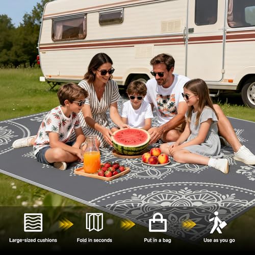 Pauwer Waterproof Outdoor Rug 6x9, Reversible Plastic Straw Patio Camping Rug, Indoor Outdoor RV Mat Carpet for Deck, Camper, Porch, Balcony, Backyard, Picnic, Floral Grey - color: Floral Grey, size: 6' x 9' (Rectangular)