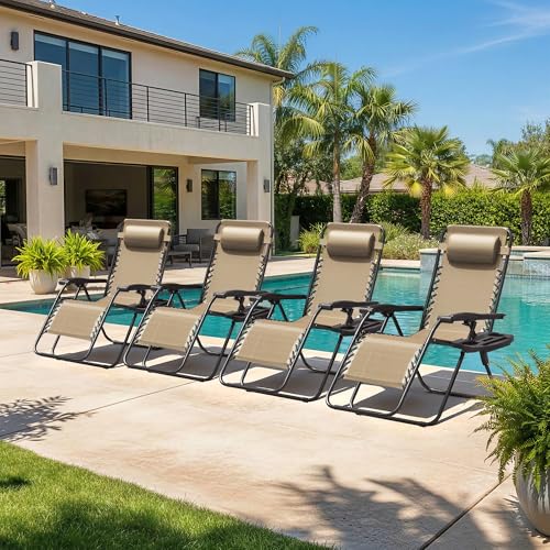 Homall Zero Gravity Chair Patio Folding Lawn Outdoor Lounge Gravity Camp Reclining Lounge Chair with Cup Holder Pillows for Poolside Backyard and Beach Set of 4 (Beige) - color: Beige, size: 4 PCS