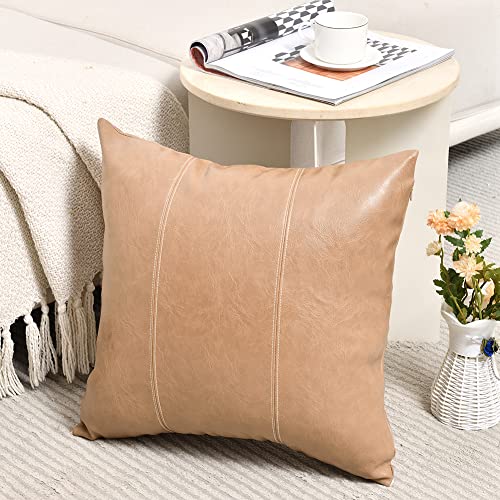 Fancy Homi 2 Packs Tan Decorative Throw Pillow Covers 16x16 Inch for Living Room Couch Bed, Modern Farmhouse Boho Home Decor, Faux Leather Hand Stitched Beige Accent Square Cushion Case 40x40 cm - color: Tan, size: 16" x 16" (Pack of 2)