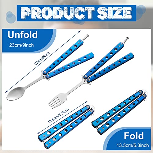 Flutesan 2 Pcs Butterfly Fork and Spoon Set, Folding Stainless Steel Fork Tactical Butterfly Spoon for Travel BBQ Kitchen Camping Hunting(Blue) - color: Blue