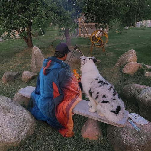 zzlamb Hooded Stadium Camping Blanket,Waterproof Outdoor Blanket Polar Fleece,Warm Windproof Portable for Stadium,Picnic,Sports,Beach,Car,Pets,56x75in Blue Mount Red Sun - color: Blue Mount Red Sun