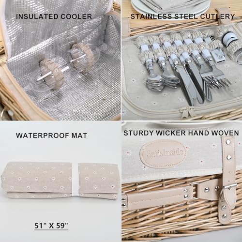 Multifunctional Wicker Picnic Basket Set for 4 with Blanket and Picnic Table, Insulated Picnic Set with Full Tablewares for Camping Outdoor Couples, Flowers - color: Flowers With Blanket &Table for 4