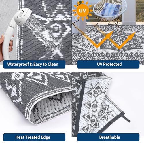 COZYLOOM Large Outdoor Rug 8x10 Patio Waterproof Reversible Mat Palm Retro Oriental Camping Rugs Indoor Outdoor Rugs Carpet Plastic Straw Rug for Deck Balcony Pool RV Camping, Grey and White - color: Vintage Grey/White, size: 8' x 10' (Rectangular)