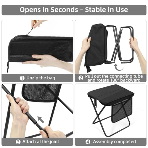 Portable Folding Camp Stool with Side Pocket, Taller Foldable Camping Stool for Adults, Metal Backpacking Stool Lightweight Mini Folding Chair, Compact Camping Seat Travel Fishing Hiking Mobile Chair
