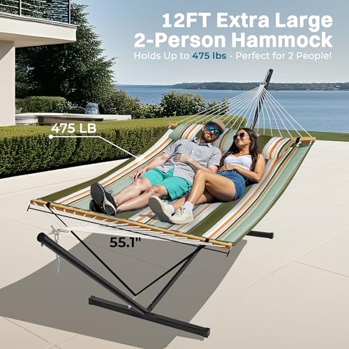 SUPERJARE Hammock with Stand, 2 Person Quilted Outdoor Hammock, Detachable Pillow & Bamboo Spreaders, Portable Hammock with Carrying Bag, Heavy Duty Stand, Perfect for Outside, Patio, Retro Green - color: Retro Green, size: 55.1"W × 74.8''D × 43.3''H