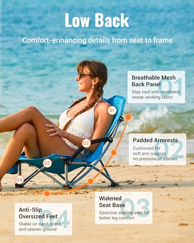KingCamp Low Beach Chair, High Back Folding Camping Chair for Adults, Oversized Breathable Mesh Seat, 300lbs Heavy Duty Portable Chair with Cup Holder & Storage Pockets for Beach, Outdoor - color: Shoreline-blue-1 Pack