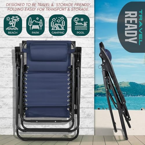Zero Gravity Lounge Chair Adjustable Outdoor Reclining Chair Folding Patio Anti-Gravity Indoor Outdoor Lounge Chair w/Pillow, Cup Holder (One Chair - NavyBlue) - color: One Chair - Navyblue