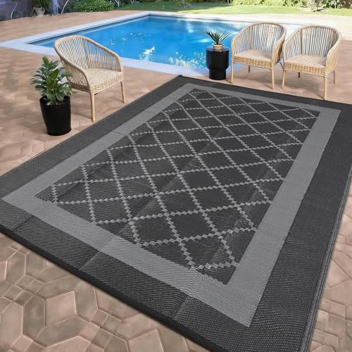 Garvee Patio Rugs Outdoor 10x20 Plastic Straw Rug Modern Reversible Camping Carpet, Waterproof Bordered Outdoor Mat with 4 Stakes and Storage Bag for RV, Picnic, Backyard, Deck, Balcony, Porch, Beach - color: Geometric|black&grey, size: 10' x 20' (Rectang