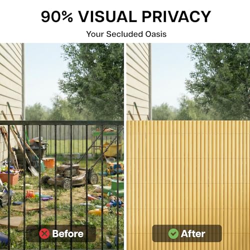 Paramondo PVC Privacy Fence Screen 14mm 3-Rib Reinforced Textured Fence Panel - No-Drill Balcony & Garden Cladding with Wind & UV Protection for Patio, Deck, Outdoor Privacy, 3×16 FT, Natural - color: Natural, size: 3×16 FT