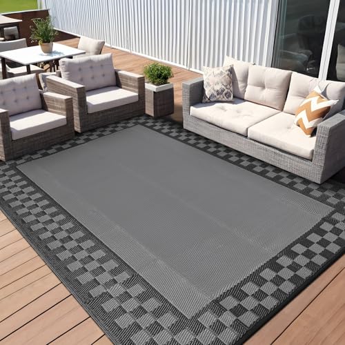 Outdoor Rug 9x12 Waterproof Reversible Patio Rug Geometric Outdoor Carpet with Stakes & Carry Bag, Fade-Proof & Weather Resistant RV Mat for Garden Backyard Balcony Camping Black Grey - color: Border1|black Grey, size: 9' x 12' (Rectangular)