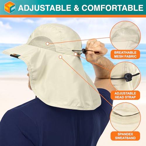 SUN CUBE Wide Brim Sun Hat with Neck Flap, UPF50+ Hiking Safari Fishing Hat for Men Women, Sun Protection Beach Hat - color: Beige