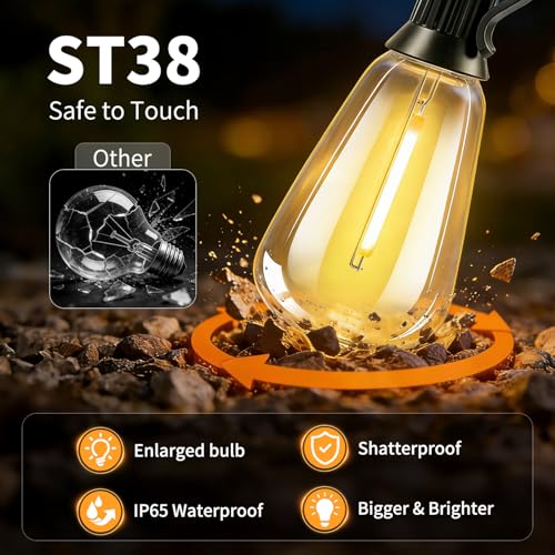 Outdoor Solar String Lights Waterproof: ST38 50ft Shatterproof Patio Lights - Solar Powered & USB Dual Charging - 3 Modes Button Control - Garden Backyard Gazebo Porch Party Decor - size: 50FT-Button
