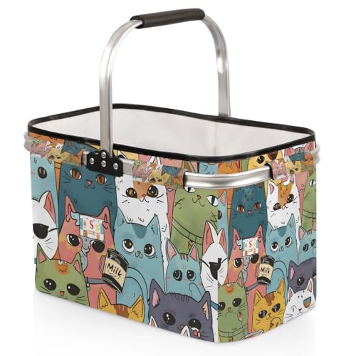 Picnic Basket, MARYHFENVA Collapsible Market Basket with Handles 40L Large Farmers Grocery Basket Portable Tote Bag - color: Cat(style 1)