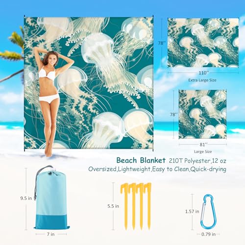 Beach Blanket Waterproof Sandproof 1-7 Adult Oversized 78 '' × 81 '' Lightweight Durable Compact Sand Free Extra Large Beach Mat for Travel Camping Hiking Picnic Blanket - color: Jellyfish, size: 78“x81”