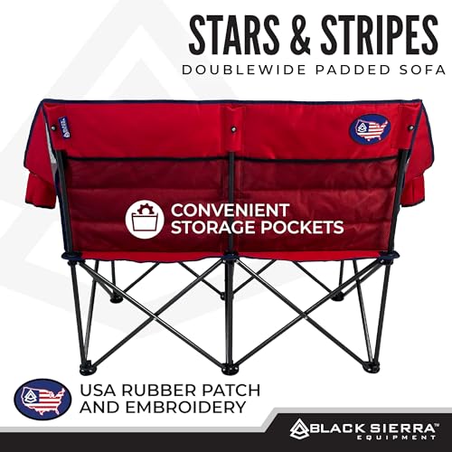 Black Sierra Patriotic Double Camping Chair, Padded Oversized Loveseat, 2 Person Folding Seat, 500 lb Capacity, USA Flag Outdoor Sofa for Beach, Tailgating, RV, Sports, Patio - color: Red Stars and Stripes