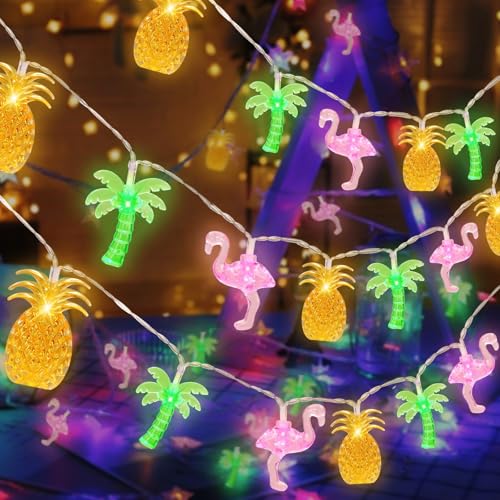 Olixmlya 30 LED [ 8 Modes & Timer ] 16Ft Summer Tropical Beach Hawaiian String Lights Tropical Flamingo Pineapple Palm Tree Fairy Lights Battery Operated for Party Beach Pool Summer Decor