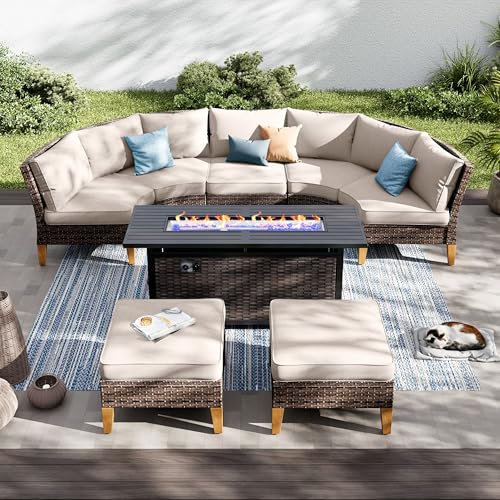 PHI VILLA 6-Piece Wicker Patio Furniture Set with Fire Pit Table, Outdoor Half-Moon Curved Sectional Sofa with Cushions, 56” Gas Fire Pit Table and Ottomans, Beige - color: Beige+fire Pit, size: 7 Seats - Curved