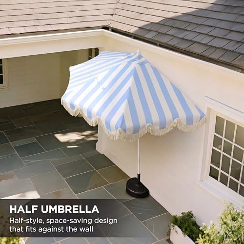 JONATHAN Y Half Umbrella UMB1201J Beverly 9 ft. Designer Classic Scalloped Fringe Market Patio with Crank, Tilt Button and UV Protection in Light Blue/White, White Pole - color: Light Blue/White - White Pole