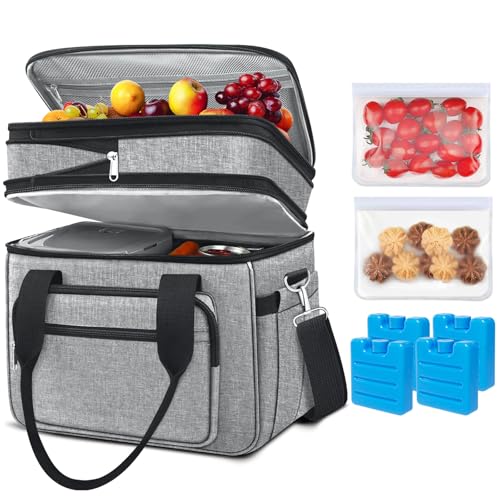 Coobiiya Insulated Lunch Box for Men & Women, Leakproof Lunch Bag Cooler Bag with 4 Pockets,Heavy Duty Lunch Bags Men Cooler Bags for Camping, Travel, Work Kayaking & Beach - color: Gray, size: X Large – 23L (Double-Layer)