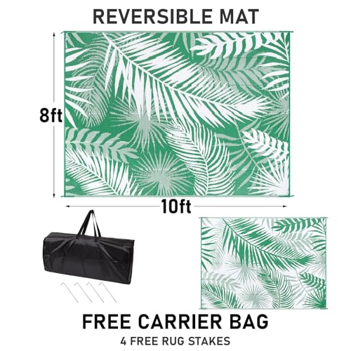 Outdoor Rug 8'x10' Waterproof for Patios Clearance, Reversible Outdoor Plastic Straw Rug Camping Carpet, Outside Floor Mats Large Area Rugs for RV,Patio,Deck,Porch, Beach,Balcony,Green&White - color: Green&white, size: 8' x 10' (Rectangular)