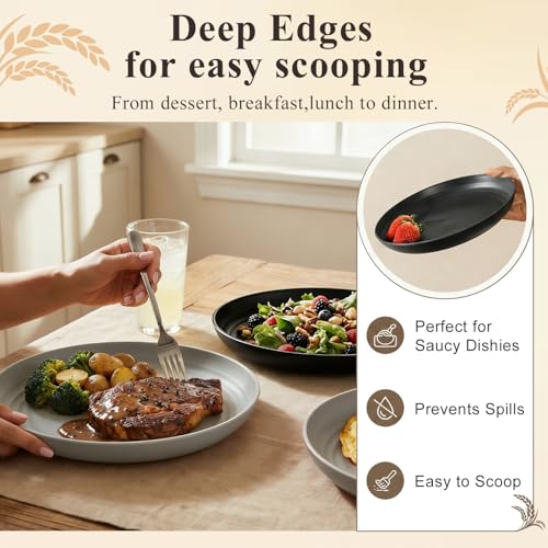 Salad Plates Set for 8, Unbreakable Wheat Straw Plates 9 Inch, Round Dinner Plates for Camping, Picnic, Travel, Microwavable Kitchen Plates for Vegetable, Charcuterie, Pizza - BlackGrey - color: blackgrey, size: 9 inch