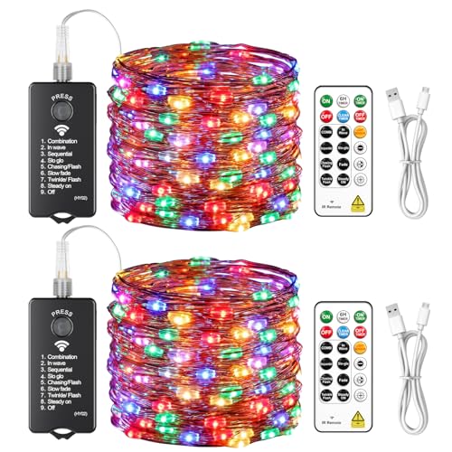 HXWEIYE Rechargeable Fairy Lights with Remote, 2 Pack 33ft 100LED Twinkle Lights with DIY Timer & Light Sensor, Waterproof Outdoor String Lights for Bedroom Patio Christmas Tree Decor, Multicolor - color: Multicolor, size: 100 LEDs - 2Pack