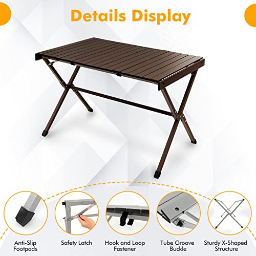 HAPPYGRILL Roll-up Folding Picnic Table Portable Aluminum Camping Table with Safety Latch, Solid Aluminum Frame, Storage Bag Included, Outdoor Lightweight Table for Camping