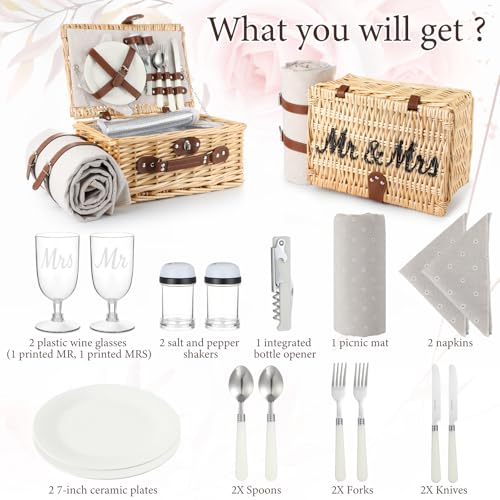 Picnic Basket for 2, Engagement Wedding Bridal Shower Gifts for Couples Bride, Wicker Picnic Basket with Waterproof Blanket & Insulated Liner Willow Hamper Set for Mr and Mrs Outdoor Camping