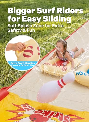 Sloosh 20FT Lawn Water Slide Bowling Game Set,Water Slides and 2 Bodyboards Summer Slip Waterslide Toy with Build in Sprinkler for Backyard Outdoor Fun for Kids
