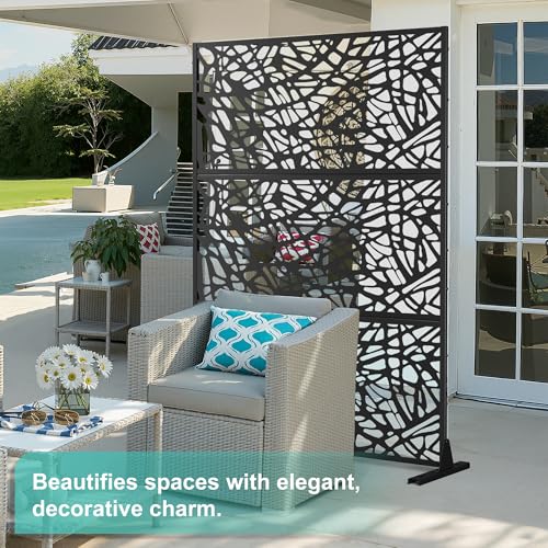 Modern Metal Privacy Screen, Patio Outdoor Privacy Panels with Stand, Freestanding Outdoor Divider for Yard, Deck＆Garden(71.3"*47.3"*15.7") - color: Black,Leaf Vein