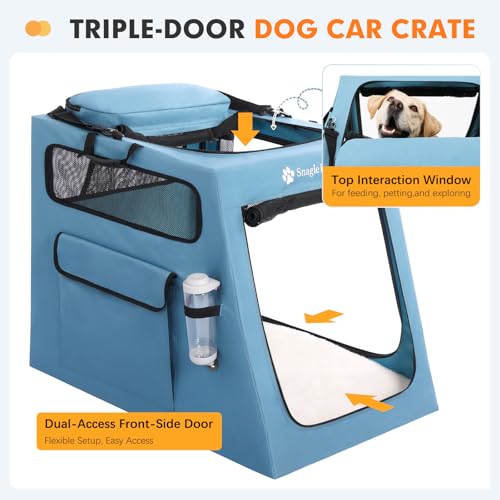 Snagle Paw Portable Dog Crate for Car Travel, Collapsible Large Dog Travel Crate with Metal Frame & 3-Door Mesh Windows, Secures in Trunk/Backseat, Soft-Sided Kennel Carrier for Medium Large Dogs-XL - size: 33.6"L x 24.0"W x 26.0"H